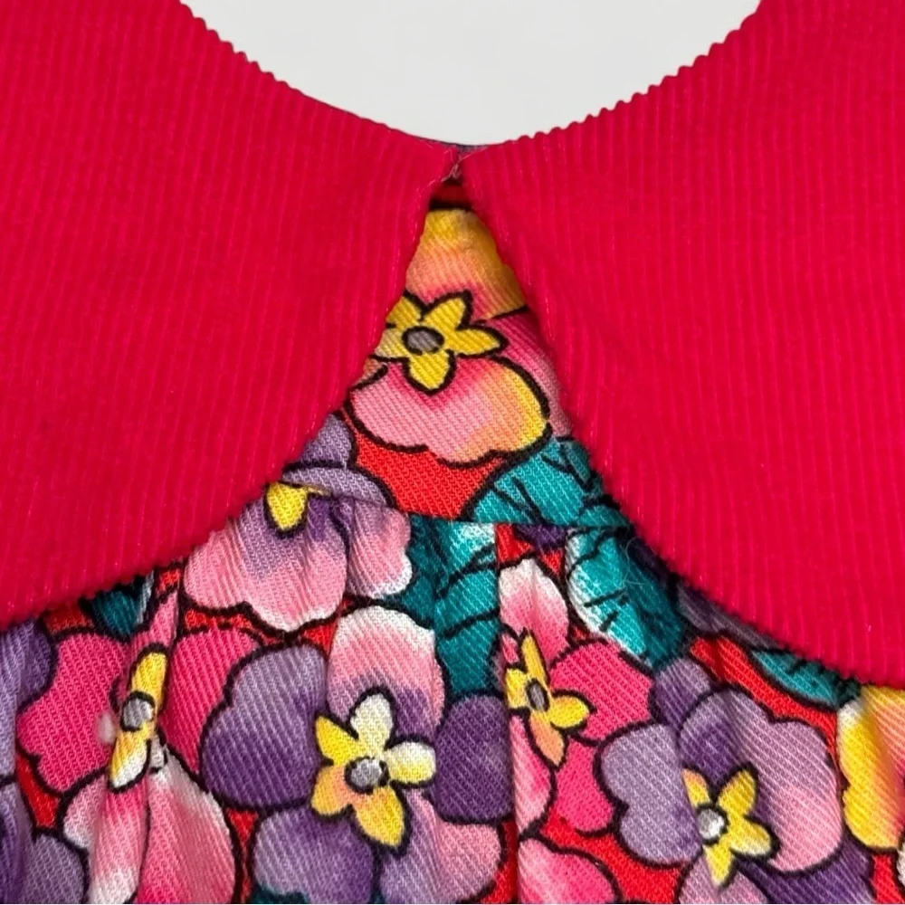RARE Vintage Petals San Francisco Corduroy Floral Dress Red Collar Girls Size 6